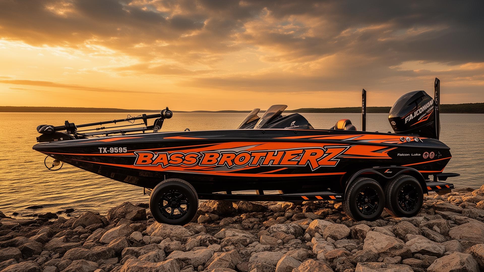 Bass Brotherz custom-wrapped bass boat parked at the rocky shoreline of Falcon Lake at golden hour